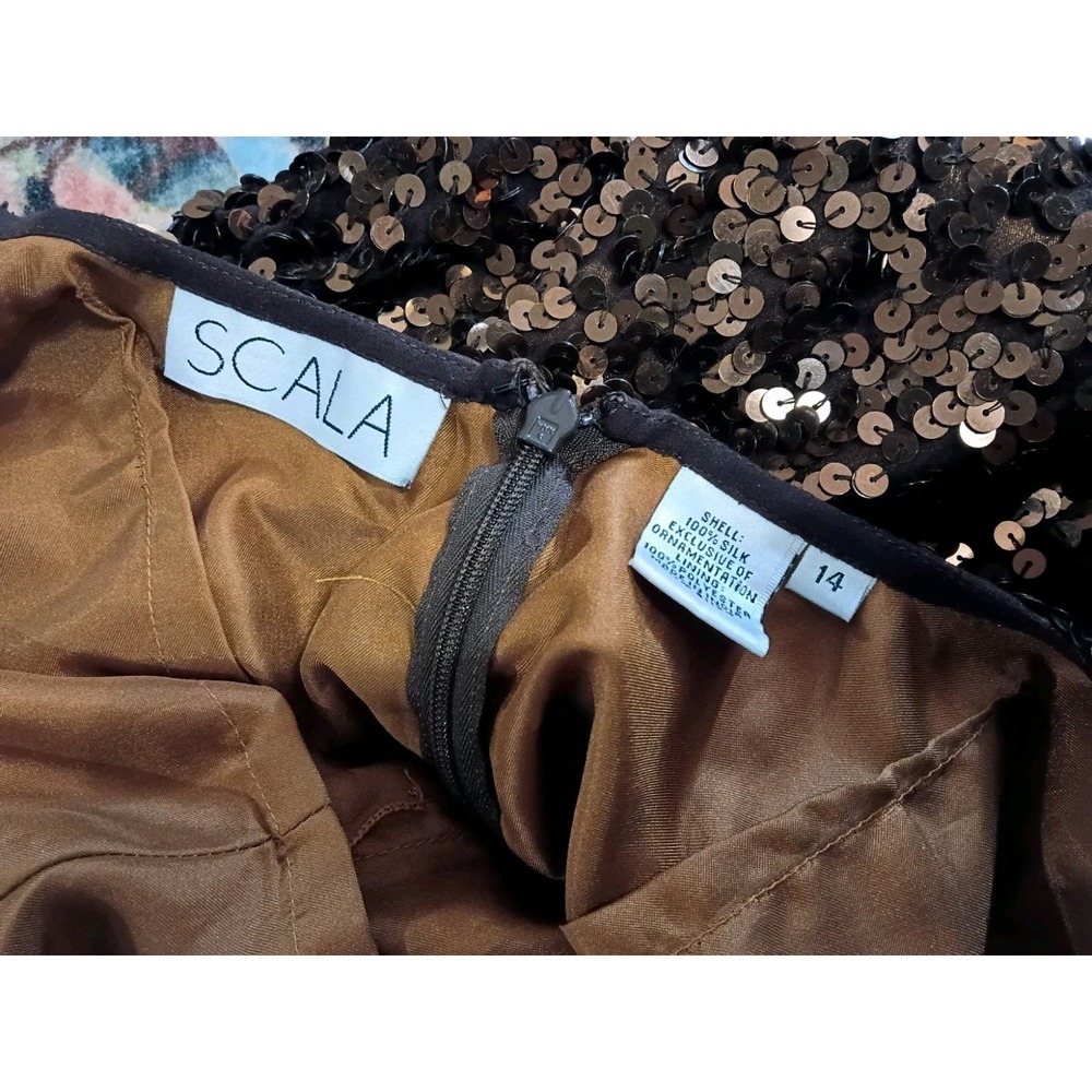 VTG Scala Bronze Gold Sequin Mini Dress Sleeveless Cocktail Party Women 14 Silk - Picture 4 of 7